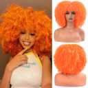 Vitorish 12 Inch Bright Orange Afro Wig with Bangs for Black Women Natural Looking Fluffy Synthetic Wig Heat Resistant Kinky Curly Wigs for Daily Party Cosplay