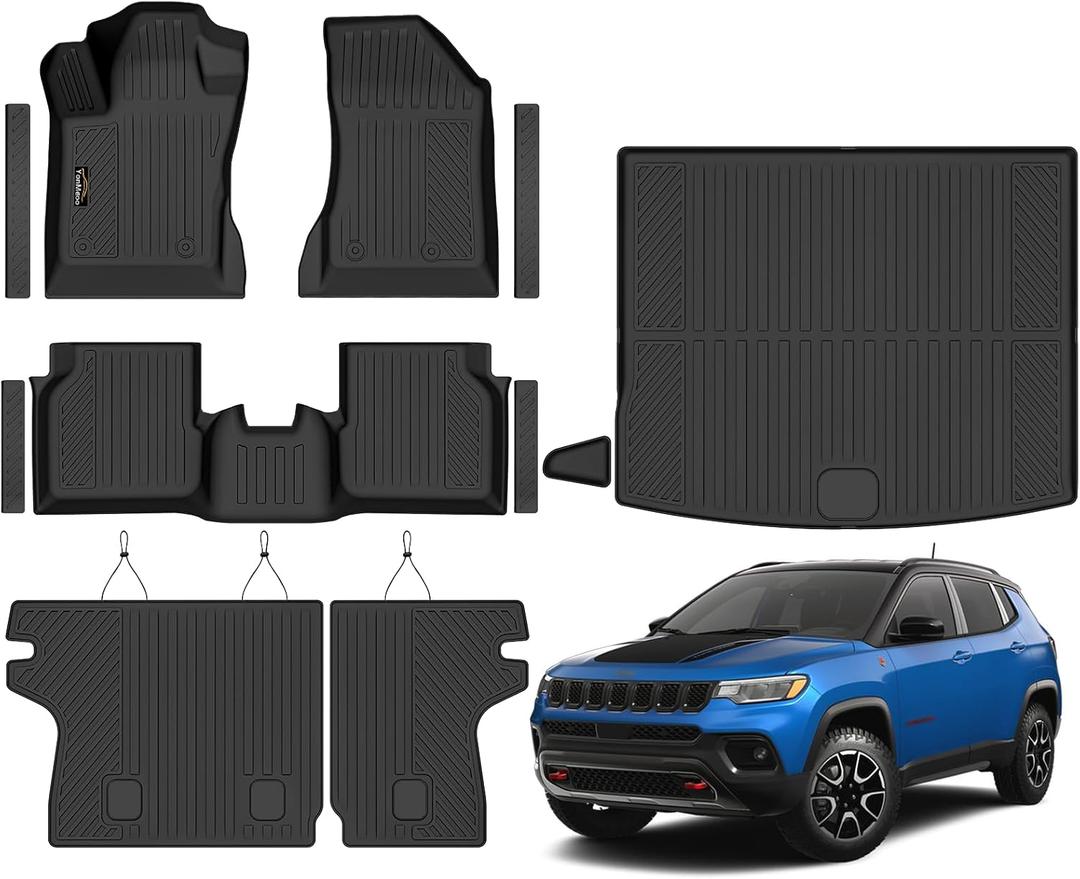 Floor Mats Custom Fit for Jeep Compass 2017-2025 2026 Trunk Mat with Backrest Mat All Weather TPE Rubber Cargo Liner Anti-Slip Full Set for Compass Accessories (Trunk Mat+Backrest Mats+Floor Mats)