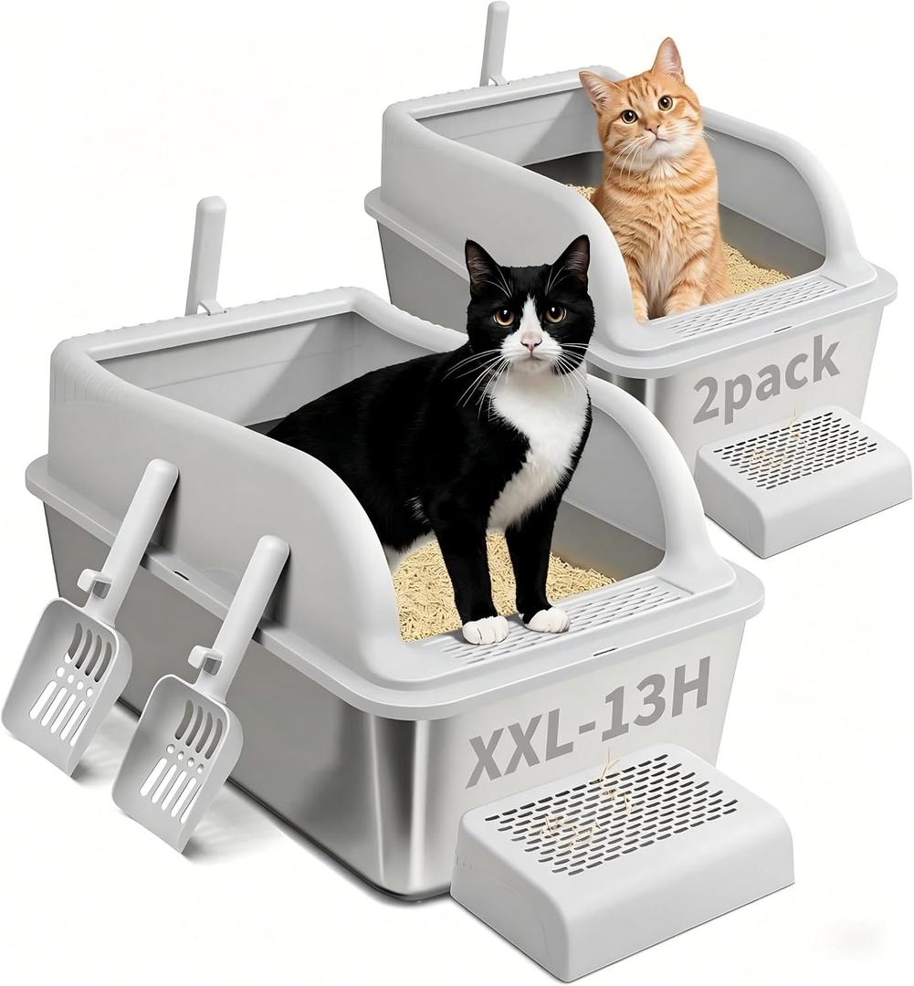 Stainless Steel Cat Litter Box with Lid, Extra Large Metal Litter Boxes for Big Cats & Kitten, XL High Sided Litter Box,Odorless,Non-Stick,Easy Cleaning, Step & Scoop Included (XXL-2PK, Count, 2)