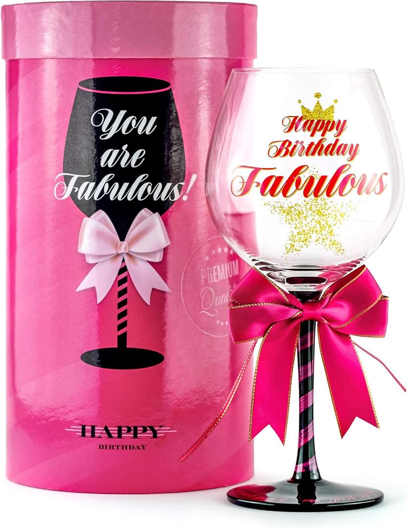 Happy Birthday Wine Glass for Women | Fun Gift Idea for Best Friend, Sister, Mom, Grandma, Aunt, Mimi, Teacher | Fabulous Any Age Bday Girl Present for Her | Big Glitter Decorated Glassware