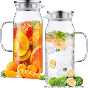 Bivvclaz 2 Pack 2 Liter 68 oz 2.1 Qt Glass Pitcher with Lid and Handle, Water Pitcher for Fridge, Glass Carafe for Hot/Cold Water, Large Iced Tea Pitcher for Coffee, Juice and Homemade Beverage