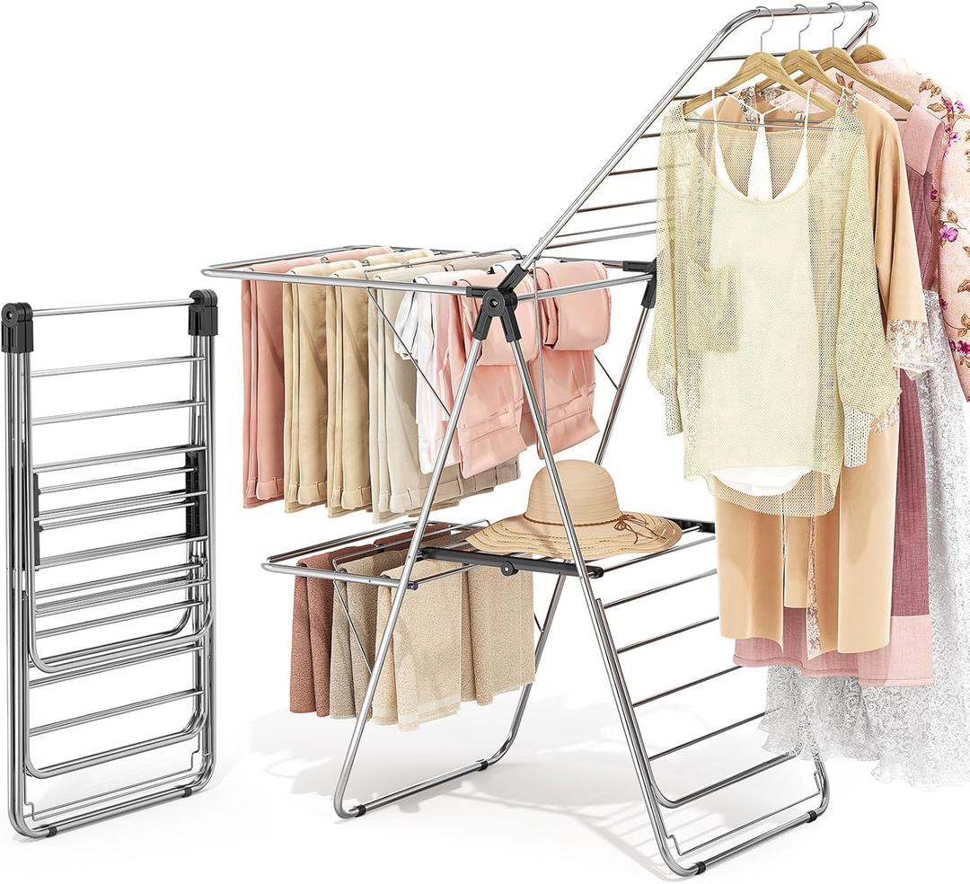 APEXCHASER Clothes Drying Rack with 4 Wings, Stainless Steel Drying Rack Clothing with Height-Adjustable, Foldable Gullwings Laundry Drying Rack, Indoor Outdoor Use, No Assembly, Black