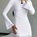 Women Sexy Boat Neck Backless Mesh Mini Dress Solid Slim Fit Bell Long Sleeve Self Tie Back Sheer Short Dresses (White, M)