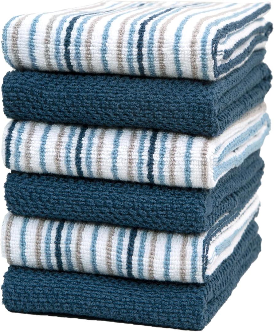 Kitchen Towels 16x 26 - 6 Pack | Large Cotton Kitchen Hand Towels | Dish Towels | Popcorn Stripe Design | 430 GSM Highly Absorbent Tea Towels Set with Hanging Loop | Dish Towels for Kitchen | Blue