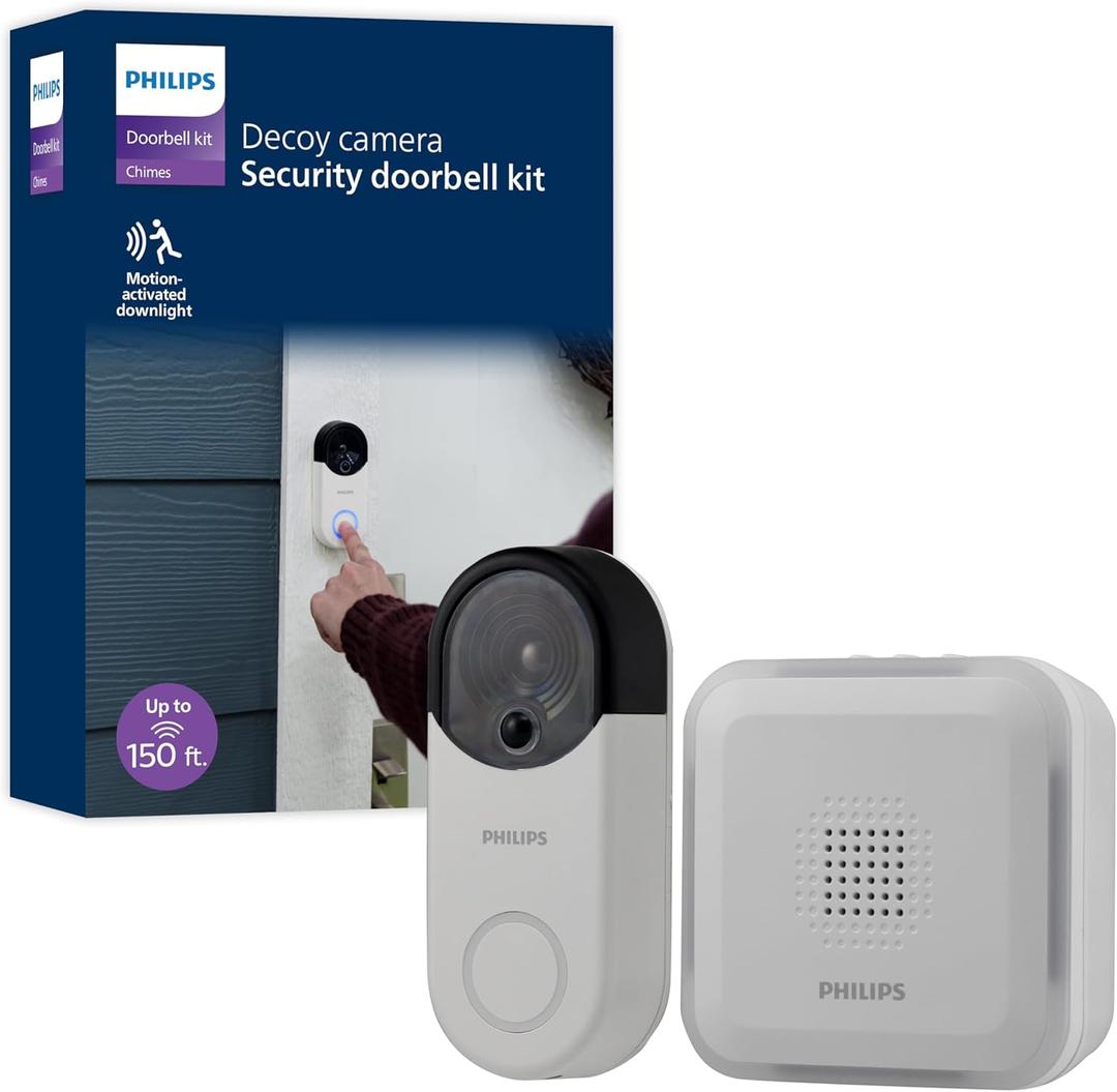 Philips Wireless Security Doorbell Chime Kit, Decoy Doorbell Camera, Motion-Activated Light, Decoy Doorbell Home Security Cameras, Wireless Doorbell Chime, 150 Ft Range, White, DES6572WB/37