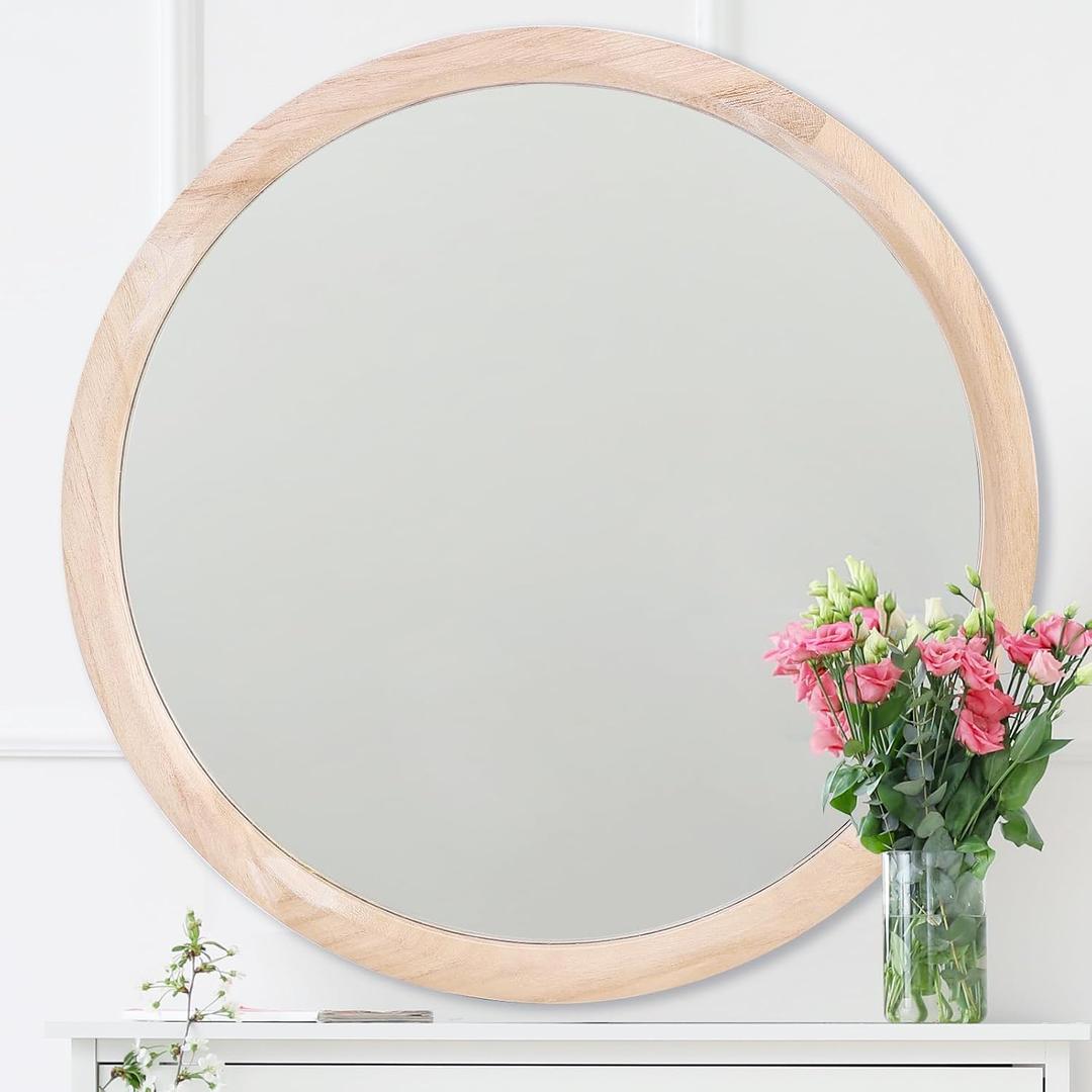 MAGFLERUM 28 Inch Round Wood Mirror - Circle Mirror for Nursery, Boho Style - Wall Decor for Bedroom, Living Room, Hallway (Nature)