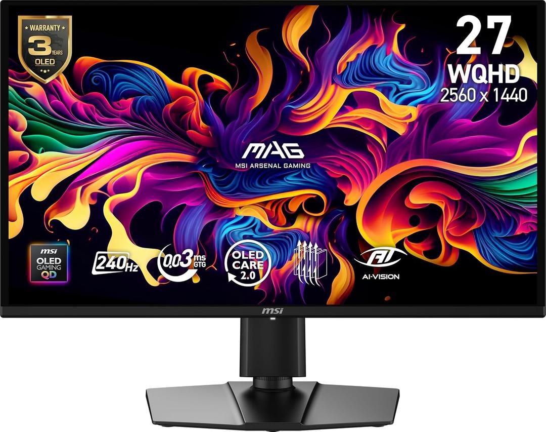 MSI MAG 274QP QD-OLED X24 27-Inch WQHD Gaming Monitor, 2560 x 1440 Quantum Dot OLED Panel, 240Hz, 0.03ms, Adaptive-Sync, HDMI2.1, DP 1.4a, Tilt/Height Adjustable, Black