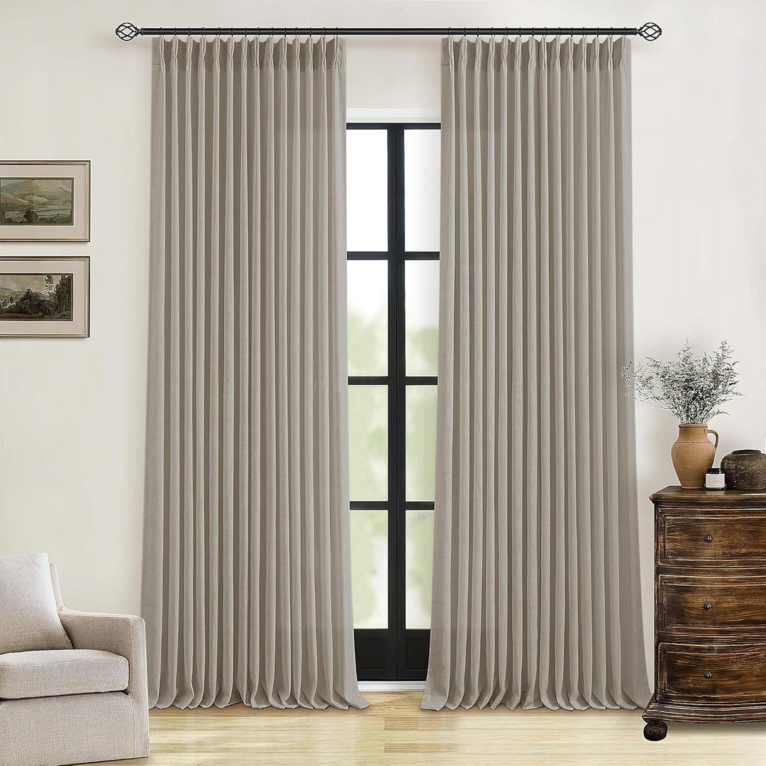 Burlywood Birch Linen Pinch Pleated Curtains 120 Inches Long for Living Room Pleated Drapes Hooks Back Tab Thick Linen Textured Boho Farmhouse Country Extra Long 120 Inch Curtain for Dining Bedroom
