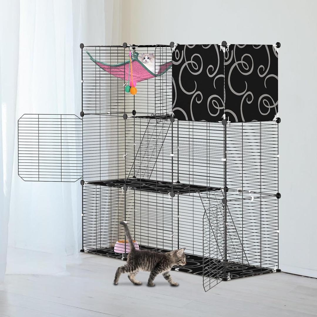 3-Tier Cat Cage, Indoor Cat Enclosures with Hammock Toy Bal Ladders, DIY Cat Playpen Detachable Metal Wire Kennels Kitten Crate Cats House Large Exercise Place for 1-2 Cats/Kitten, 42"x14"x42"