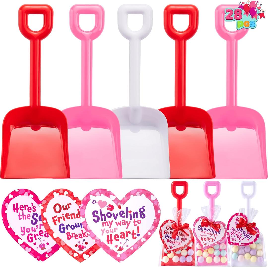 JOYIN 28 Plastic Toy Shovels in Pink Red and White for Valentines Day ,28 Cards with Ribbon for Kids Party Favor, Classroom Exchange Prizes, Valentines Gifts with Vibrant Color