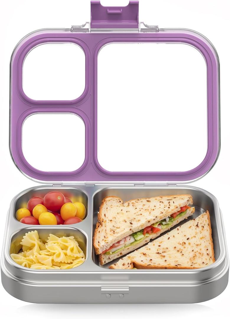 Stainless Steel Lunch Box: Metal Bento Box for Kids Adults - 3 Compartments Leak-Proof Lunch Box, Purple