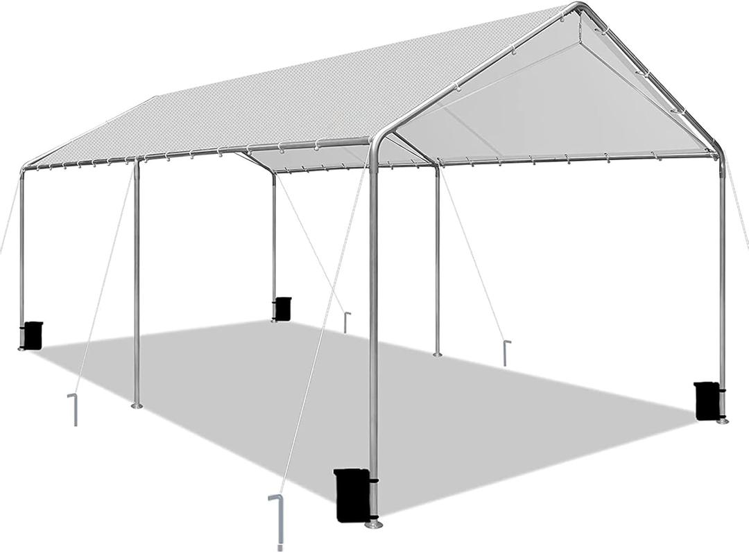 Heavy Duty 10 X 20 Ft Easy to Assemble Metal Car Canopy Shelter with Reinforced Steel Cables, Outdoor Portable Garage for Car, Boat Tent, Light Grey (Gray)