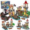Pirate Castle Building Set with Light, 3 Modes Big Pirates Ship Bay Building Block 1502 PCS, Medieval Pirate Wharf House Construction Model Toy Home Decor for Adults Teens Boys Girls 10-12+