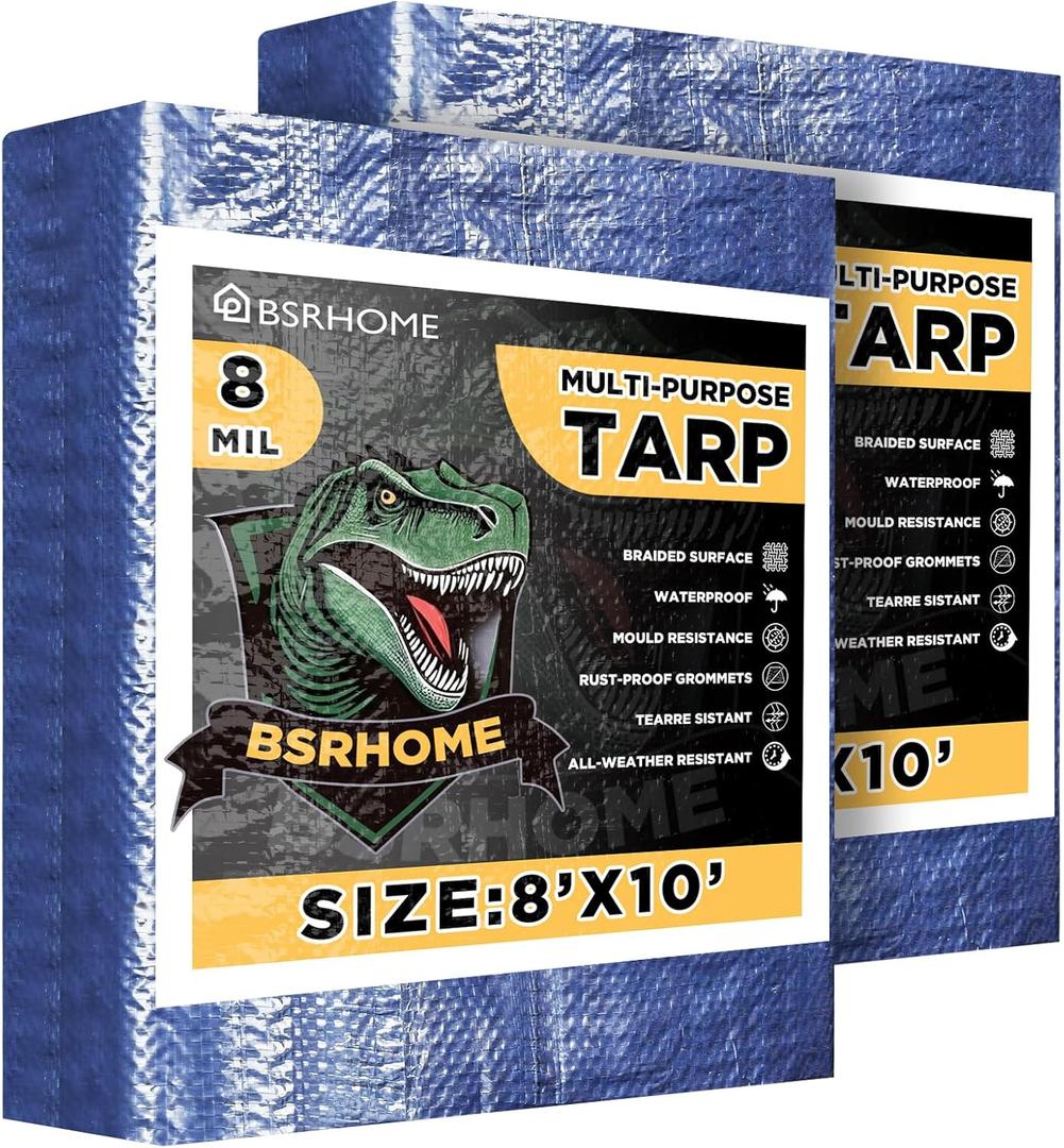 Tarps Waterproof 8x10 Feet, 2 Pack Heavy Duty Blue Tarp Cover 8 Mil Thick, Resistant Plastic Tarpaulin with Metal Grommets, Outdoor Tent Cover for Emergency Rain