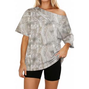 Off The Shoulder Tops for Women Camo Shirt Oversized T Shirt Y2K Maple Leaf Print Tshirt Short Sleeve Summer Outfits (X-Large, Khaki Gray)