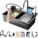 31.5 Inch Black-Grey Nano Kitchen Sink and Waterfall Faucet, 31.5x18x9 Single Bowl Stainless Steel Workstation Kitchen Sink with Digital Display and Faucet Combo Set,Countertop/Drop-in