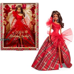 Barbie Signature 2024 Holiday Doll with Light Brown Hair in Plaid Gown, Collectible Toy in Displayable Packaging