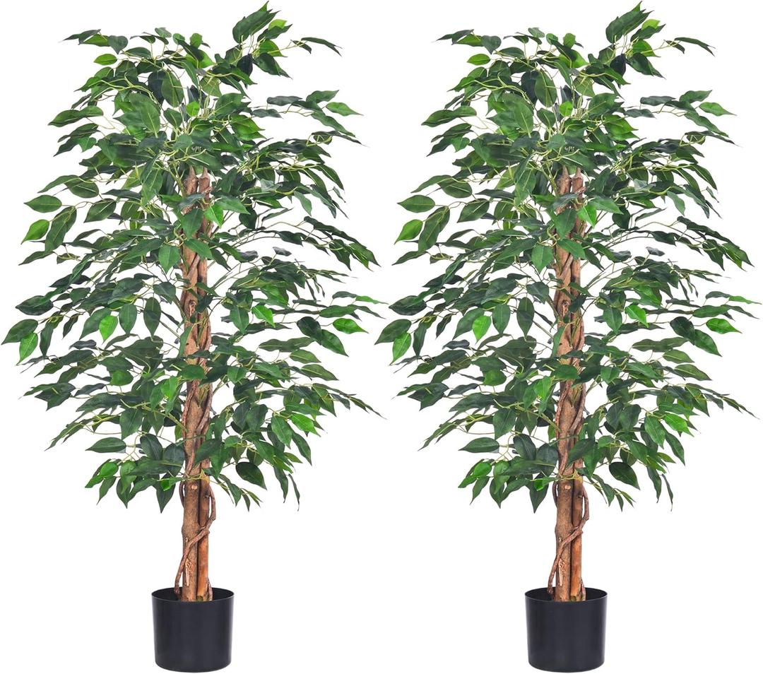 2Packs 4FT Artificial Ficus Tree, Fake Plants with Sturdy Plastic Nursery Pot, Faux Ficus Trees for Home Office Living Room Indoor Outdoor Decor Perfect Housewarming Gift (4FT-2Packs)