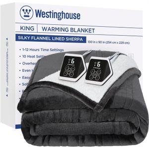 Westinghouse Heated Blanket King Size, Soft Flannel to Sherpa Electric Blanket with 10 Heating Levels, 1-12 Hours Auto Shut Off, Fast Heating, Machine Washable, 100x90 Inch, Charcoal