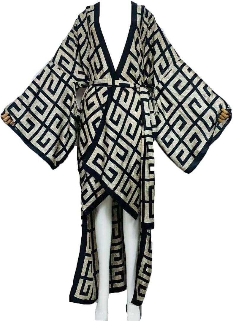 Summer Silk Feeling Beach Cover Up Women Cardigan Boho African Holiday Party Long Sleeve Robe Kimono Kaftan (Color8)