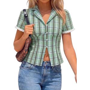 Tankaneo Womens Puff Sleeve Plaid Shirts Gingham Tops Y2k Summer Button Down Blouse Trendy Cute Fitted Going Out Tops (Green)
