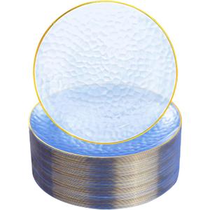 Rubtlamp 100 Pcs Clear Blue Gold Plastic Plates, Clear Hammered Plastic Plates, Blue Party Platos, Disposable Salad/Dessert Platos, 7-Inch Disposable Dessert/Appetizer Platos Perfect For Party