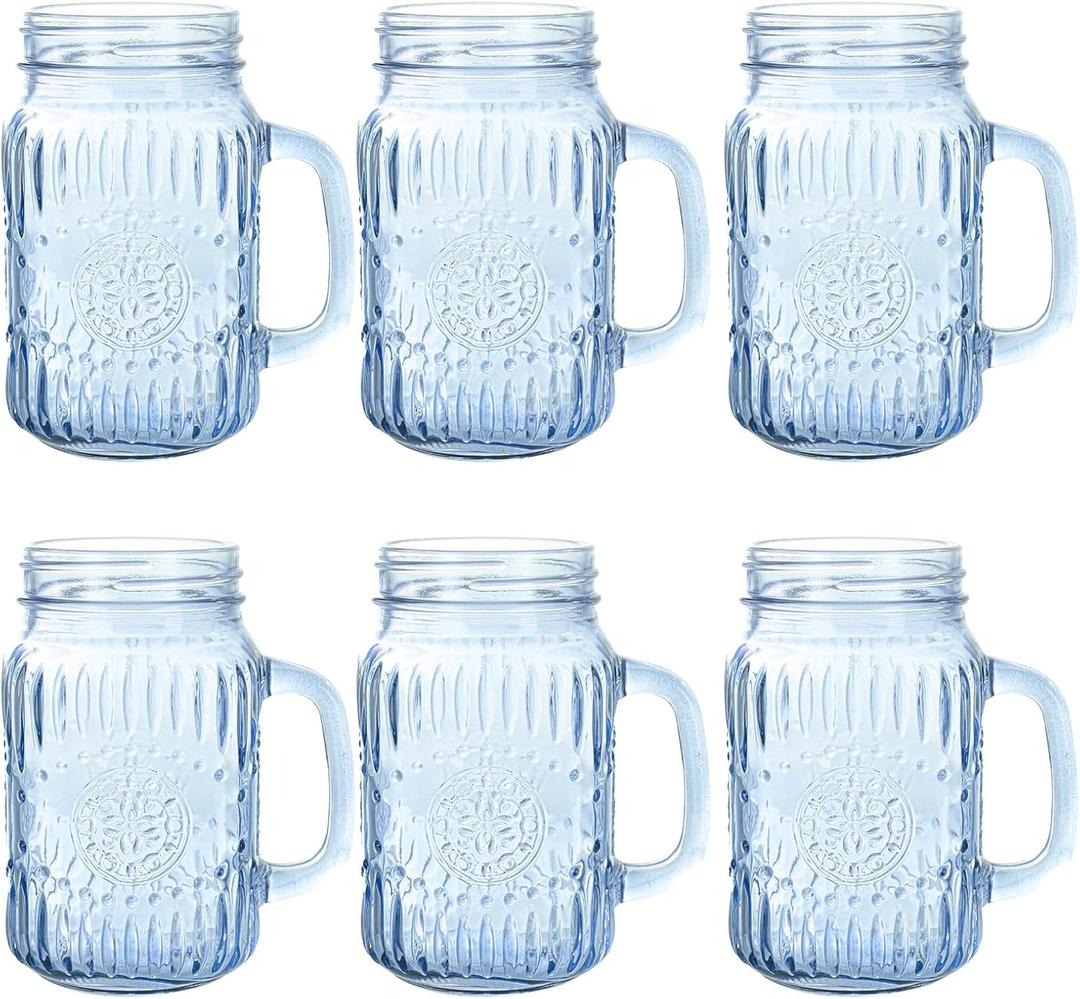 SUT Mason Jar Drinking Glasses with Handle, 6 Pack, 16 Oz Vintage Embossed Blue Mason Jar Cups for Iced Coffee, Juice, Tea and Beer