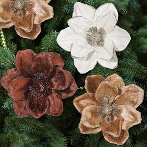 Mindsoft 20pcs Christmas Magnolia Flowers Velvet Poinsettia Artificial Flowers Glitter Christmas Tree Ornaments 6.4" for Xmas New Year Wedding Party Holiday Decoration(Beige, Light Brown, Dark Brown)