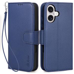 Arae Compatible with iPhone 16 Case Wallet with Card Holder, Wristlet Strap Wallet Flip Cover for iPhone 16 6.1 inch Men/Women, RFID Blocking, Kickstand,Litchi Blue