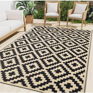 Smiry Outdoor Rug 5x8 ft Waterproof Reversible Boho Mat, Black & Beige