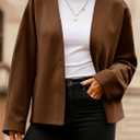 Yousify Womens Cropped Wool Blend Pea Coat Casual V Neck Button Down Short Jackets Fall Shackts with Pockets (Medium, Brown)