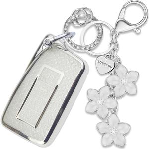 Silver TPU Key Fob Cover with Sakura Flower Keychain Compatible with Lexus ES300h ES350 GS350 GS450h IS200t IS300 IS350 LX570 NX200t NX300h RC350 RX350 RX450h 4-Button Smart Key for Women