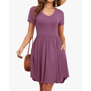 Women's 2025 Summer Short Sleeve Dresses Casual Loose Fit Swing T Shirt Dress V Neck Sundress with Pockets, Small