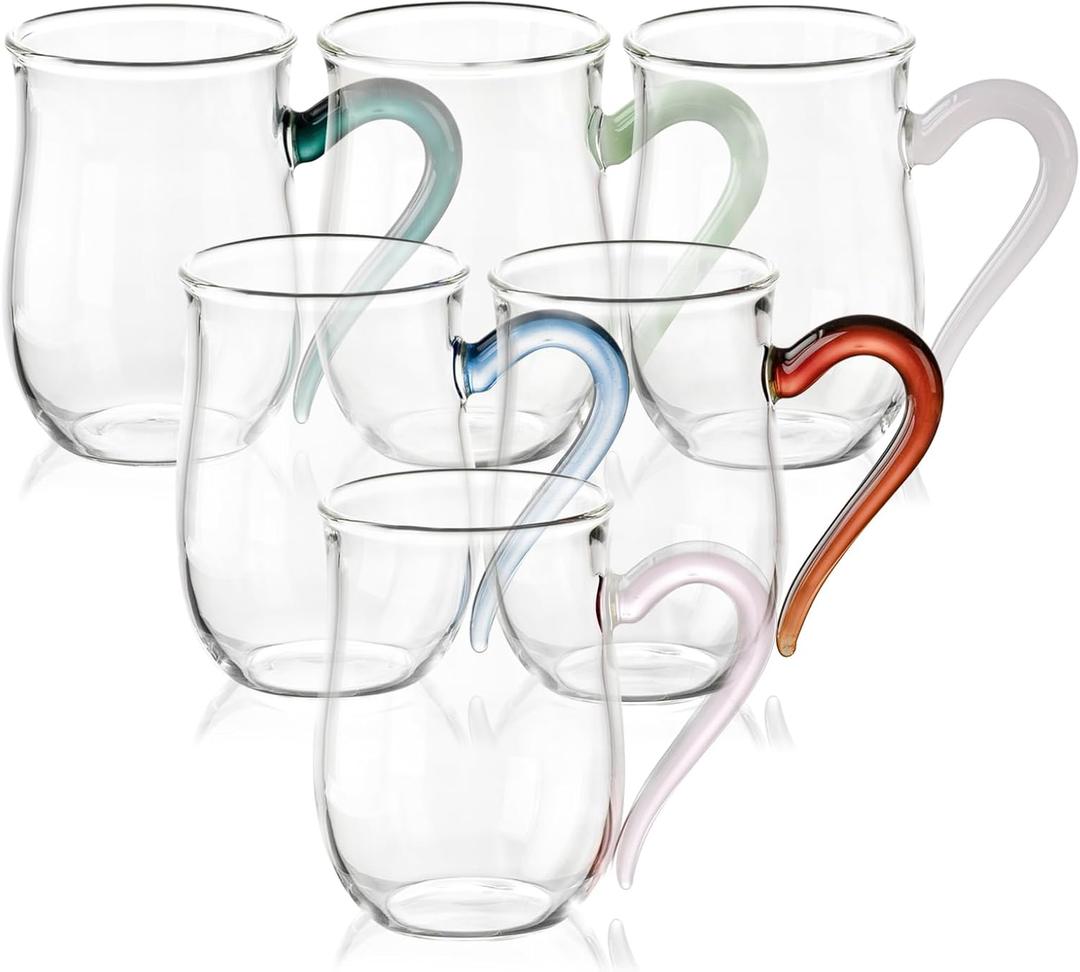 COMI Glass Coffee Cups,8oz Clear Coffee Cups Set of 6,Lightweight Glass Mugs with Colorful Handles,Heat Resistant & Explosion-Proof, Perfect for Home, Cafe, Office