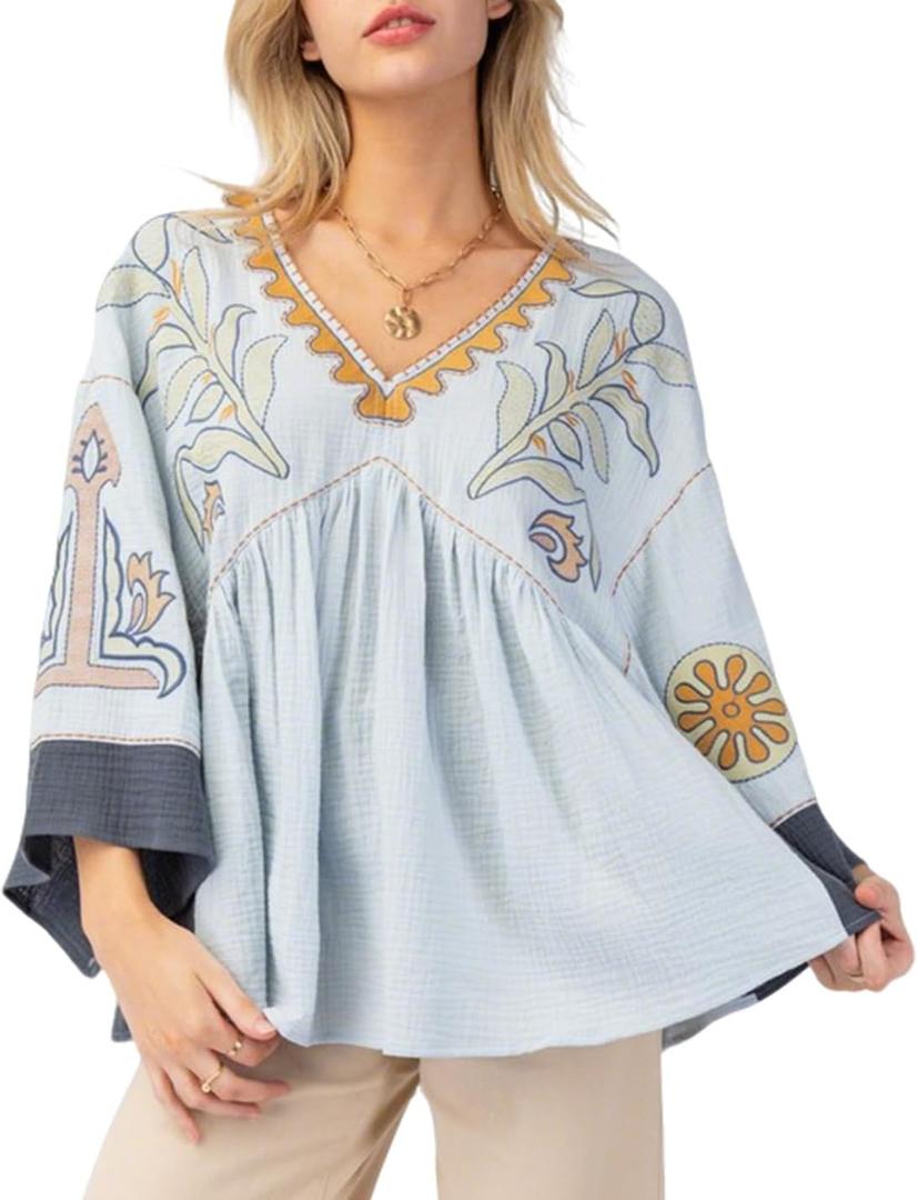 Womens Floral Printed Blouse V-Neck 3/4 Sleeves Loose Fit Vintage Babydoll Tops (Blue, XXL)