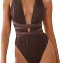 ZAFUL Women's One Piece Swimsuit Deep V Neck Ribbed Self Tie Sexy High Cut Bathing Suit Crisscross Back Swimwear (Brown, L)