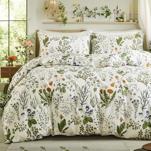 Cozaline Duvet Cover King Size - 100% Cotton Reversible Floral King Duvet Cover Set with Zipper Closure, 3 Pieces Soft & Breathable Green Bedding Set for All Seasons