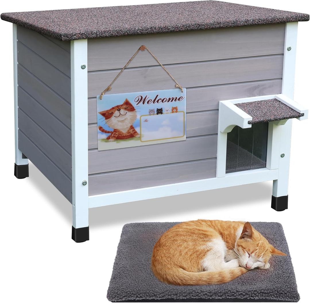 Rockever Outdoor Cat House Weatherproof, Insulated Cat Shelter with All-Round Foam Design for Feral Cats Small Pet Habitats, Air Ventilation Cat Hideaway for Indoor Outside (Modern, Grey-with mat)