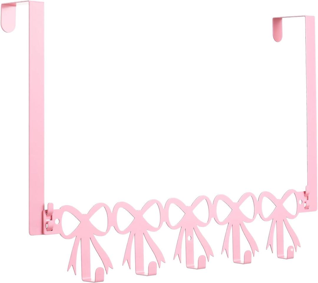 AceOrbit Pink Bow Over The Door Hooks Hanger Wall Mount Towel Hanger Door Holder Organizer 5 Hooks Kawaii Farmhouse Rustic Coquettish Style Decor for Bedroom Bathroom Towel Hat Clothes