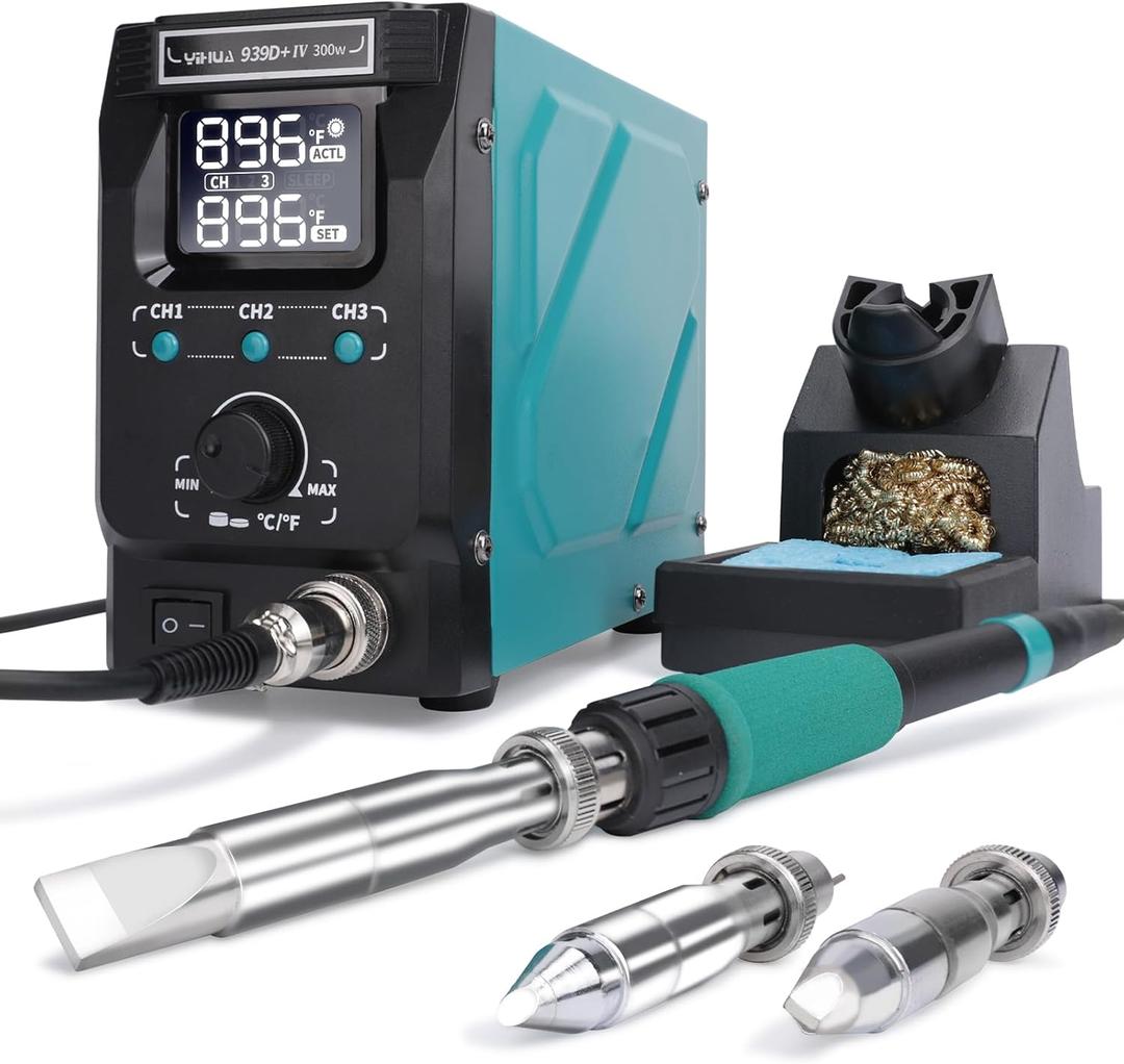 YIHUA 939D+ IV 300W Heavy Duty Soldering Iron Station for Stained Glass, Temp Adjustable Solder Station with Detachable Solder Iron, 3 Soldering Tips, 3 Pre-set Channels, Sleep Mode, ESD-Safe