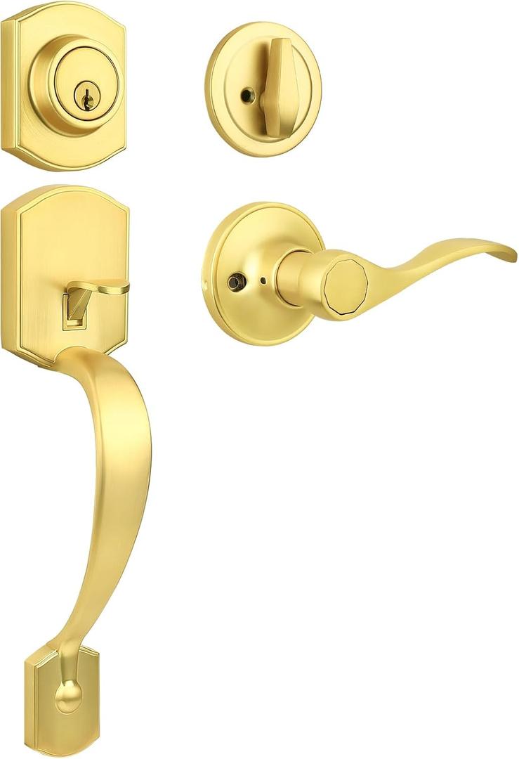 Probrico Exterior Door Lock Set Gold Front Door Lock Set, Entry Door Locksets with Deadbolt Single Cylinder Front Door Handle and Deadbolt Set, 1 Set