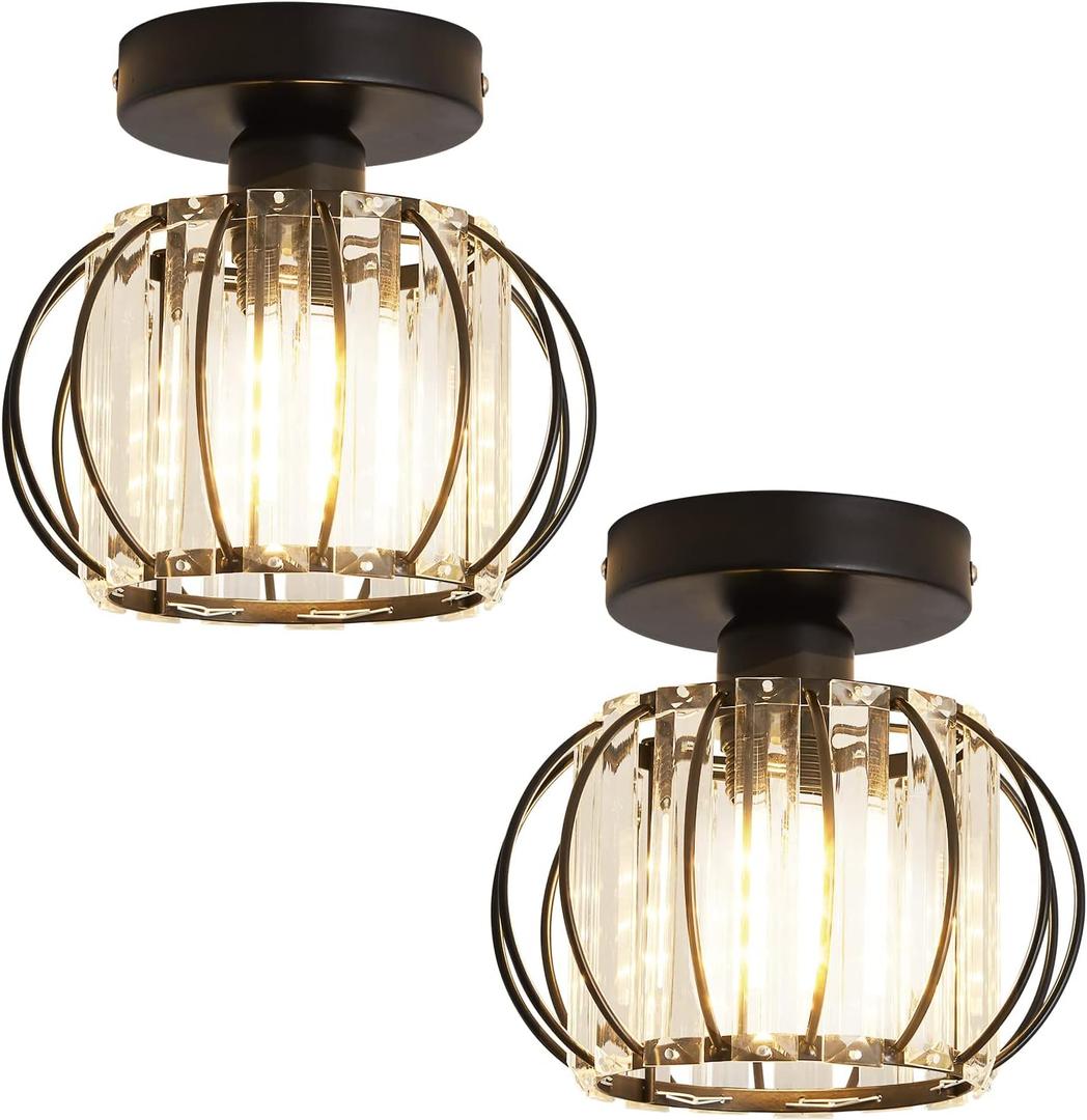 YYJLX 2 Pack Semi Flush Mount Ceiling Light Fixture Modern Small Crystal Chandelier Mini Indoor Ceiling Lamp for Bathroom Hallway Foyer Porch Hall Closet（Black）