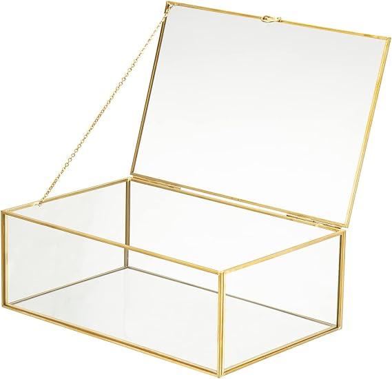 13” Glass Jewelry Box Gold Card Box with Hinged Lid, Gold Keepsake Box for Storage Wedding Card, Trinkets, Photo and More, Cute Glass Box for Women and Girl,Vintage, Size: X-Large
