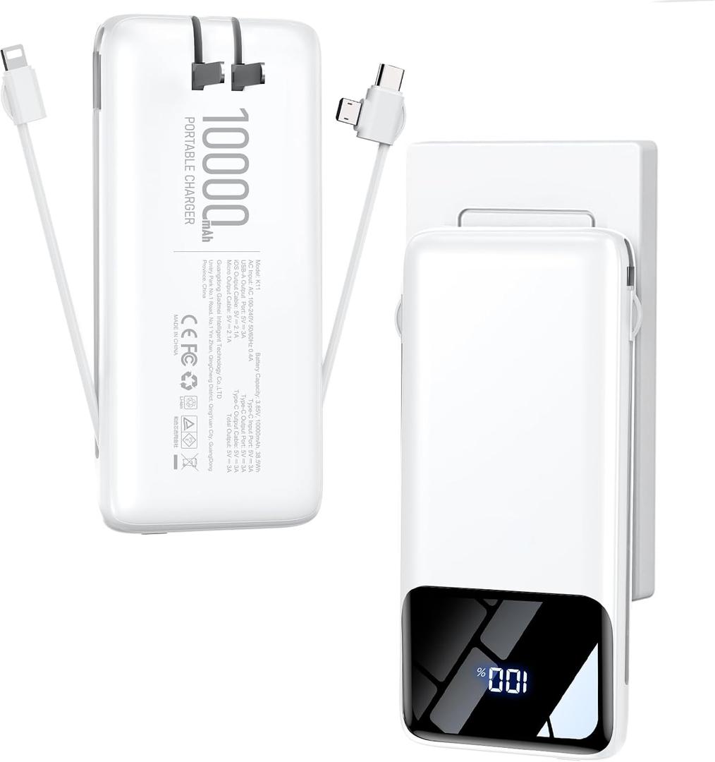 Portable Charger Power Bank with Built-in Cables and Wall Plug 10000mAh | Slim USB-C Battery Pack, 15W Fast Charging Travel Essential Portable Phone Charger