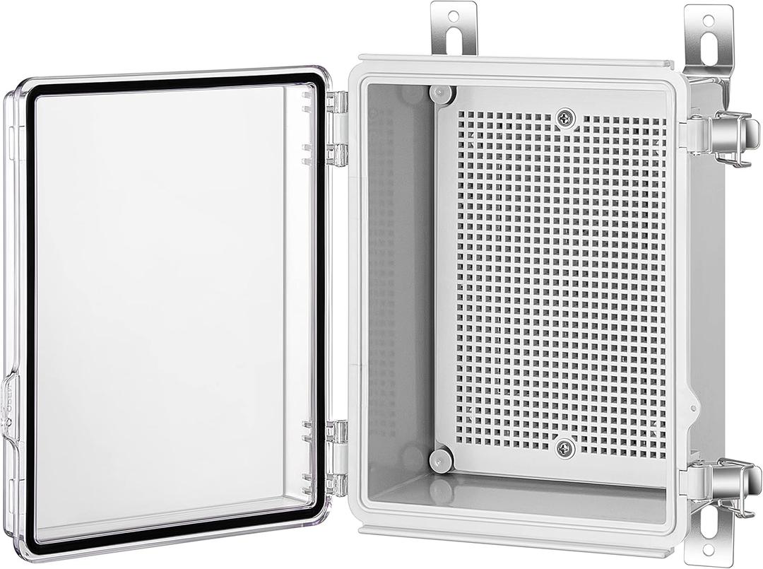 Junction Box, IP67 Waterproof Plastic Enclosure for Electrical Project, Hinged Transparent Cover, Includes Mounting Plate and Wall Bracket 220170110mm (8.6"6.7"4.3" TC)