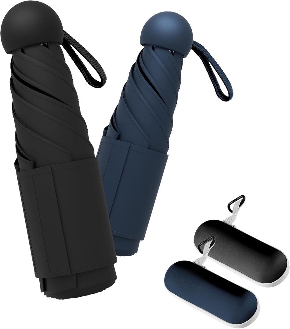 Travel Mini Umbrella Compact Small & Lightweight, UV Rain Protection, Pocket-Sized Folding Umbrellas with Quickdraw & Case for Men Women & Kids Backpack (NEW2-Pack Black&Navy)