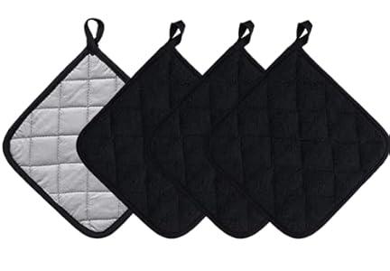 Kitchen Pot Holders Set Heat Resistant Pure Cotton Potholders Kit Trivets Large Coasters Hot Pads Terry Pot Holders for Everyday Cooking and Baking by 7 x 7 Inch Set of 4 Black