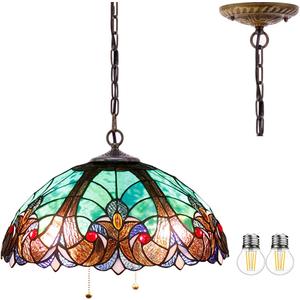 WERFACTORY Tiffany Pendant Light Fixture Green Liaison Stained Glass Hanging Lamp Wide 16 Inch, Height 40 Inch S160G Series