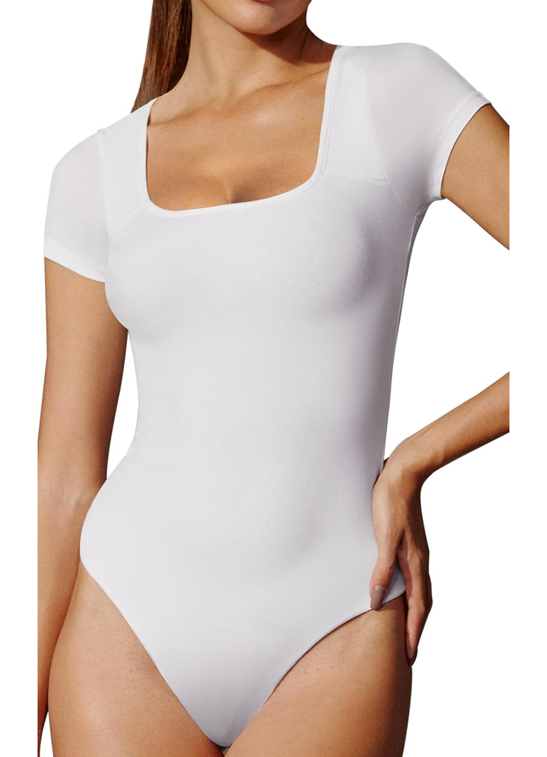 IUGA Bodysuits for Women Tummy Control Short Sleeve Square Neck Bodysuit Women's Slimming Basic Body Suit Tops (Medium, White)