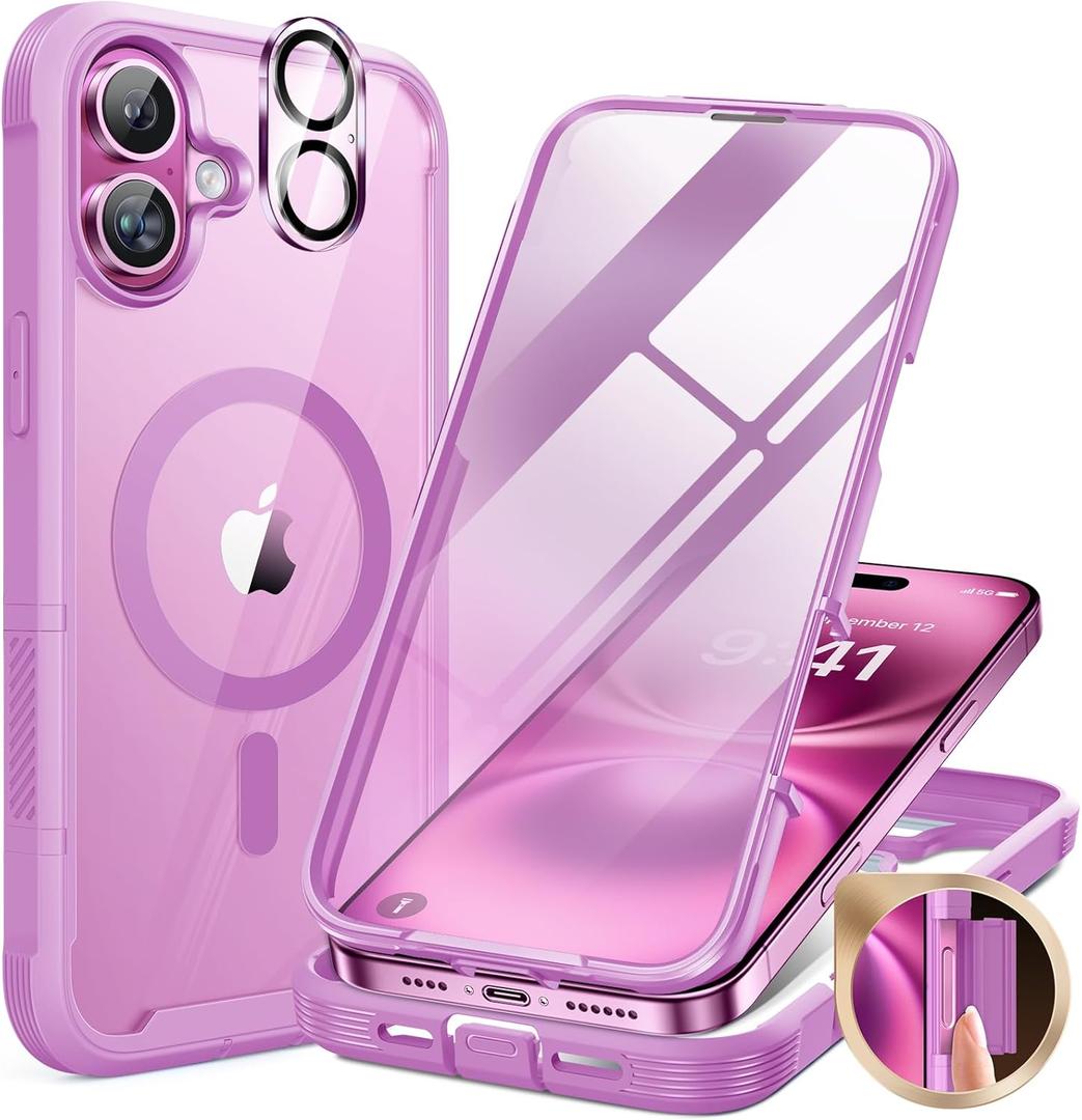 Miracase for iPhone 16 Case 6.1'', [Bubble Free] Full-Body Bumper Phone case with Built-in Full Glass Screen &Lens Protector,No Gap,Compatible with MagSafe,Drop Proof 16 Cover,Pink Purple